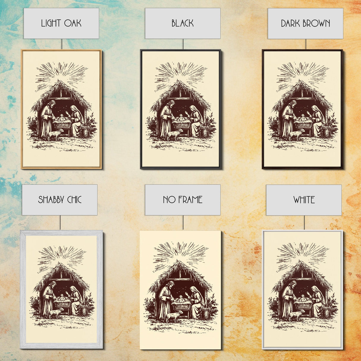 Retro Nativity Scene Canvas Print - Framed Canvas - Minimalist Christmas Art - Boho Christmas Art - Rustic Christmas Art