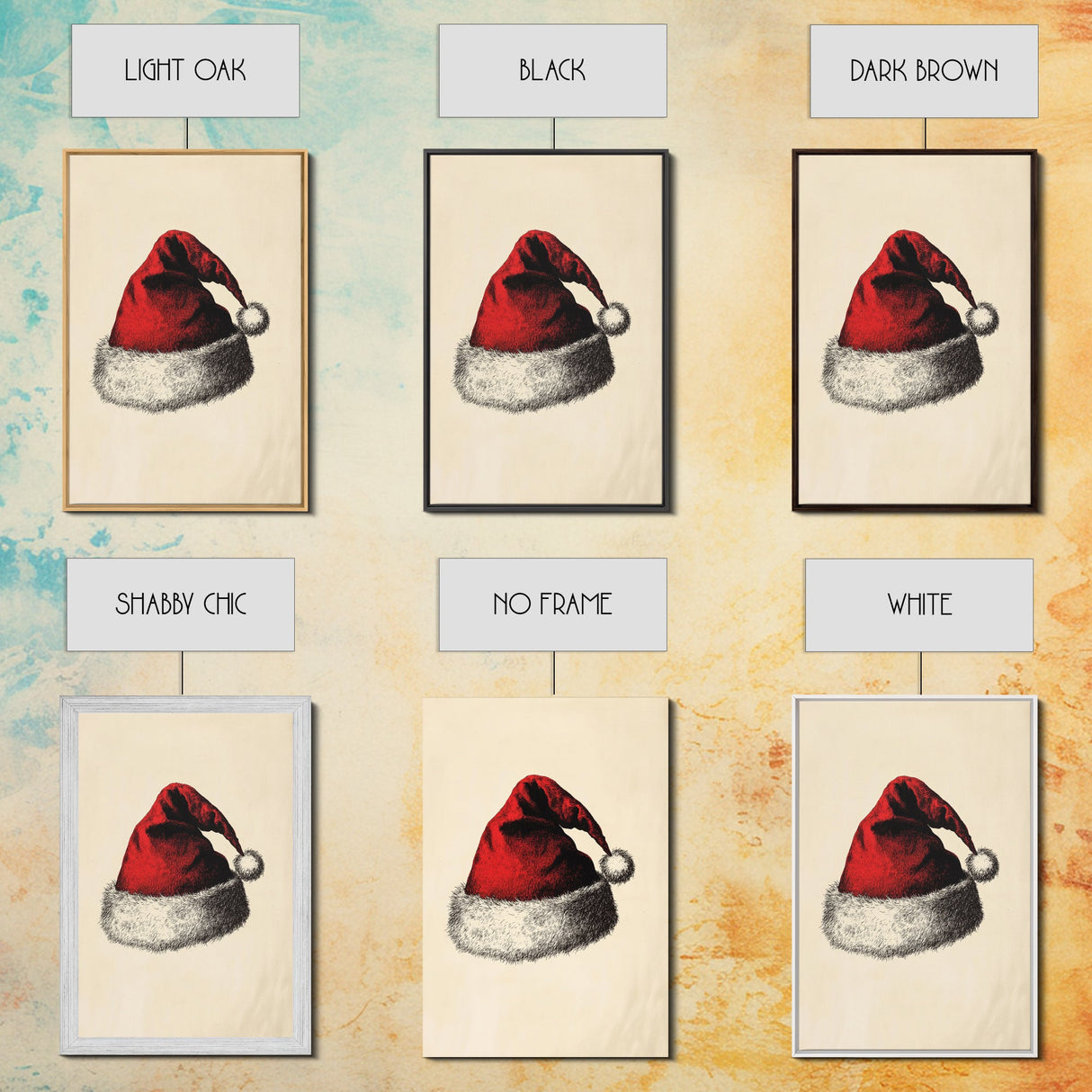 Retro Santa Hat Sketch Canvas Print - Framed Canvas - Minimalist Christmas Art - Boho Christmas Art - Rustic Christmas Art