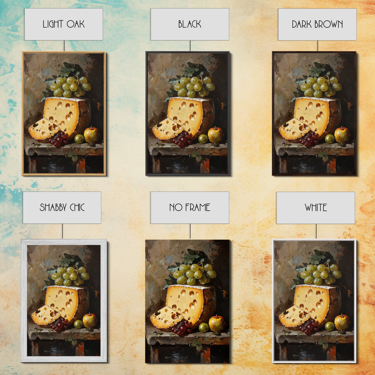 Vintage Still Life of Cheese Canvas Print, Retro Kitchen Wall Art, Cheese Painting, Dining Room Wall Art
