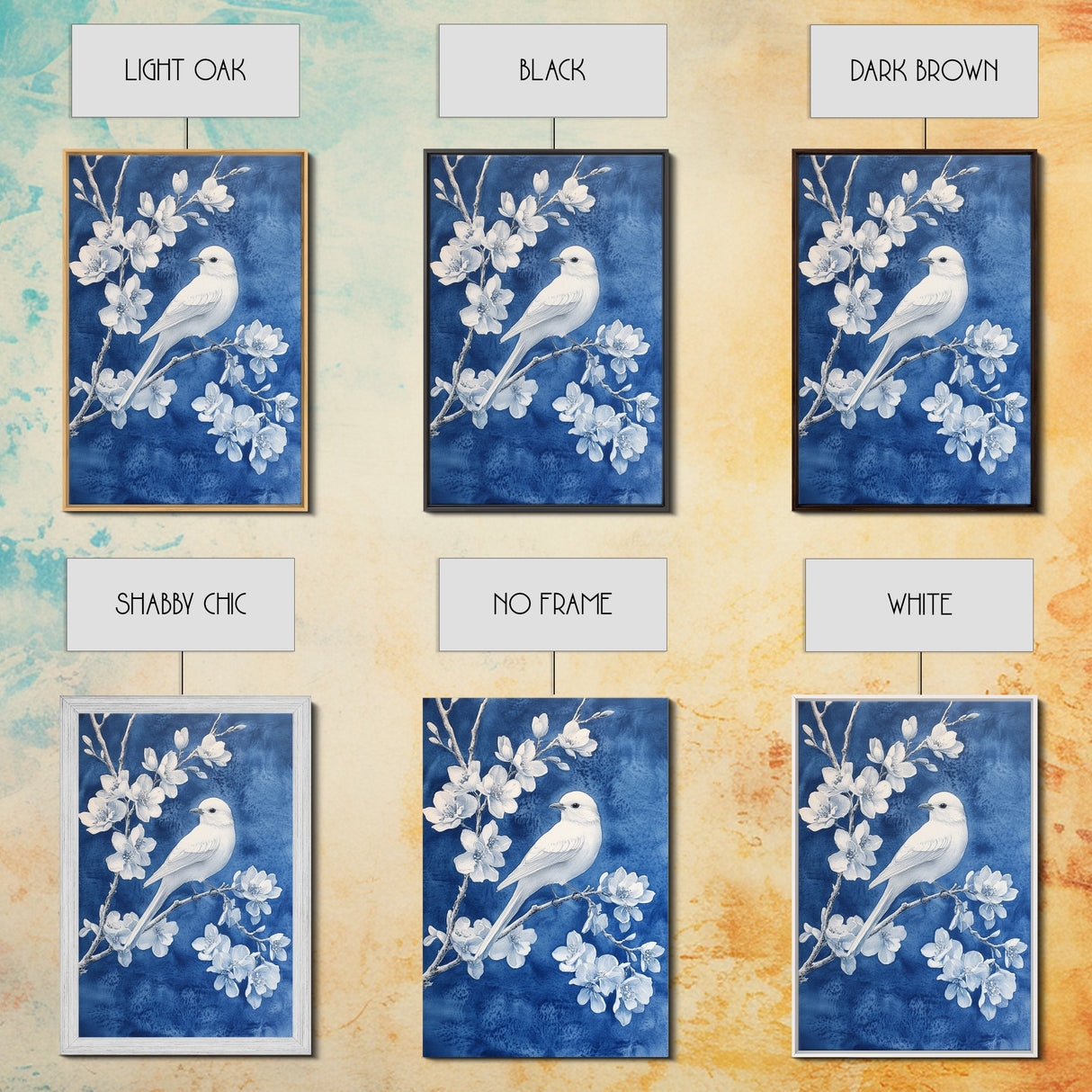 Blue Botanial Wall Art Chinoiserie Wall Art, White Bird, Blue Chinoiserie Home Decor, Botanical Print, Bird Painting, Framed Canvas Print
