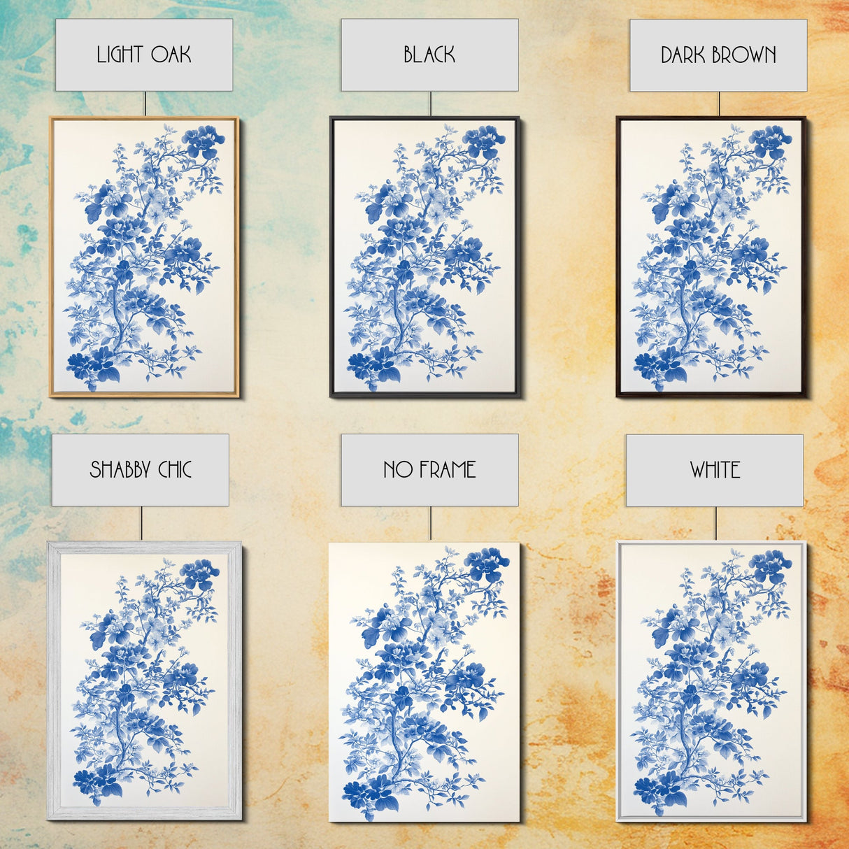 Blue Floral Print, Chinoiserie Wall Art, Framed Canvas, Canvas Art Home Decor, Chinoiserie Style Painting