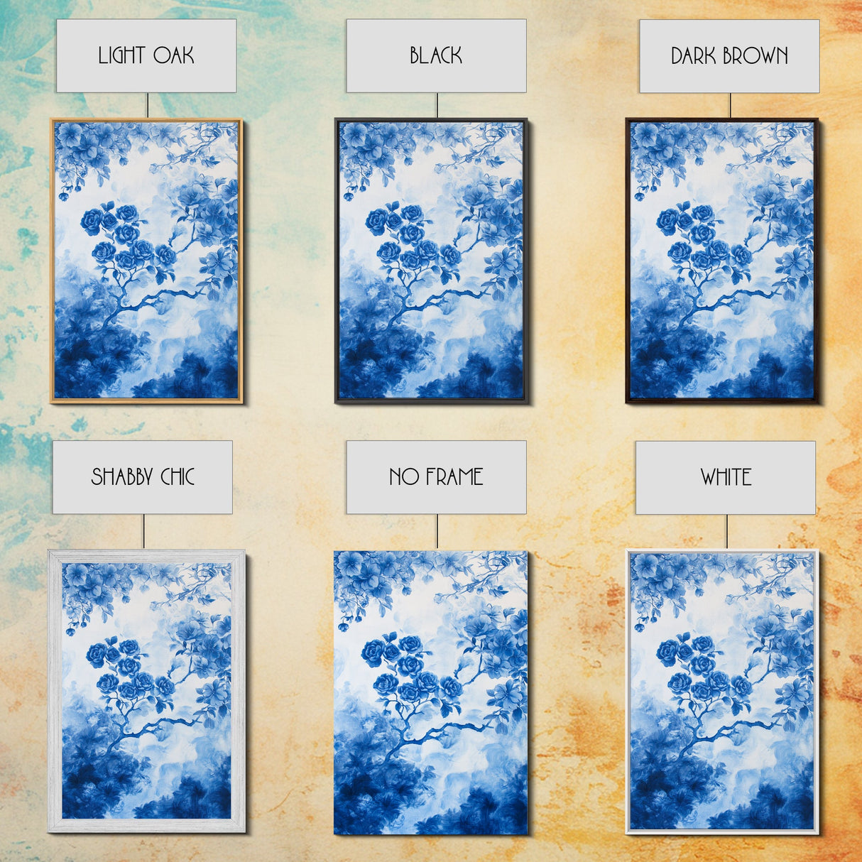 Blue Roses Chinoiserie Style Painting Print, Living Room Decor, Chinoiserie Wall Art, Chinoiserie Decor, Living Room Wall Art
