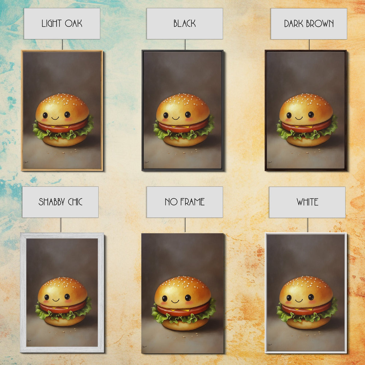 Kawaii Hamburger Canvas Print, Cute Hamburger Painting, Veggie Burger, Kawaii Wall Art, Kawaii Decor