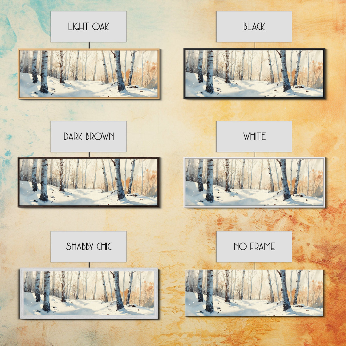 Birch Tree Forest In The Snow Covered Winter Framed Canvas Print, Panoramic Wall Art, Original Birch Tree Art, Birch Tree Painting, Horizontal Art