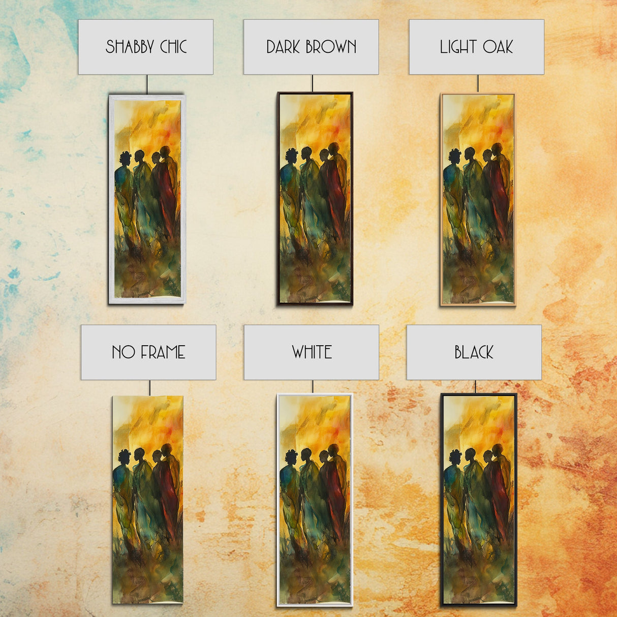 Golden Silhouettes Framed Canvas Print African Inspired Art Sunset Hues Moody Abstract Living Room Wall Art Fall Home Decor
