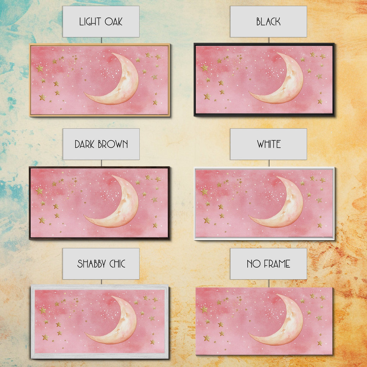 Golden Crescent Moon Canvas Print, Light Pink Wall Art, Whimsical Celestial Art, Bedroom or Dorm Decor, Christmas Gift Idea