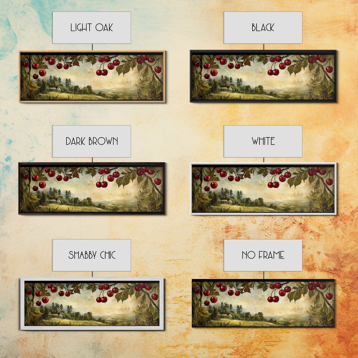 Framed Canvas Print Cherries Wall Art Panoramic Rustic Decor Living Room Horizontal Landscape Art Farmhouse Gift Idea Painting