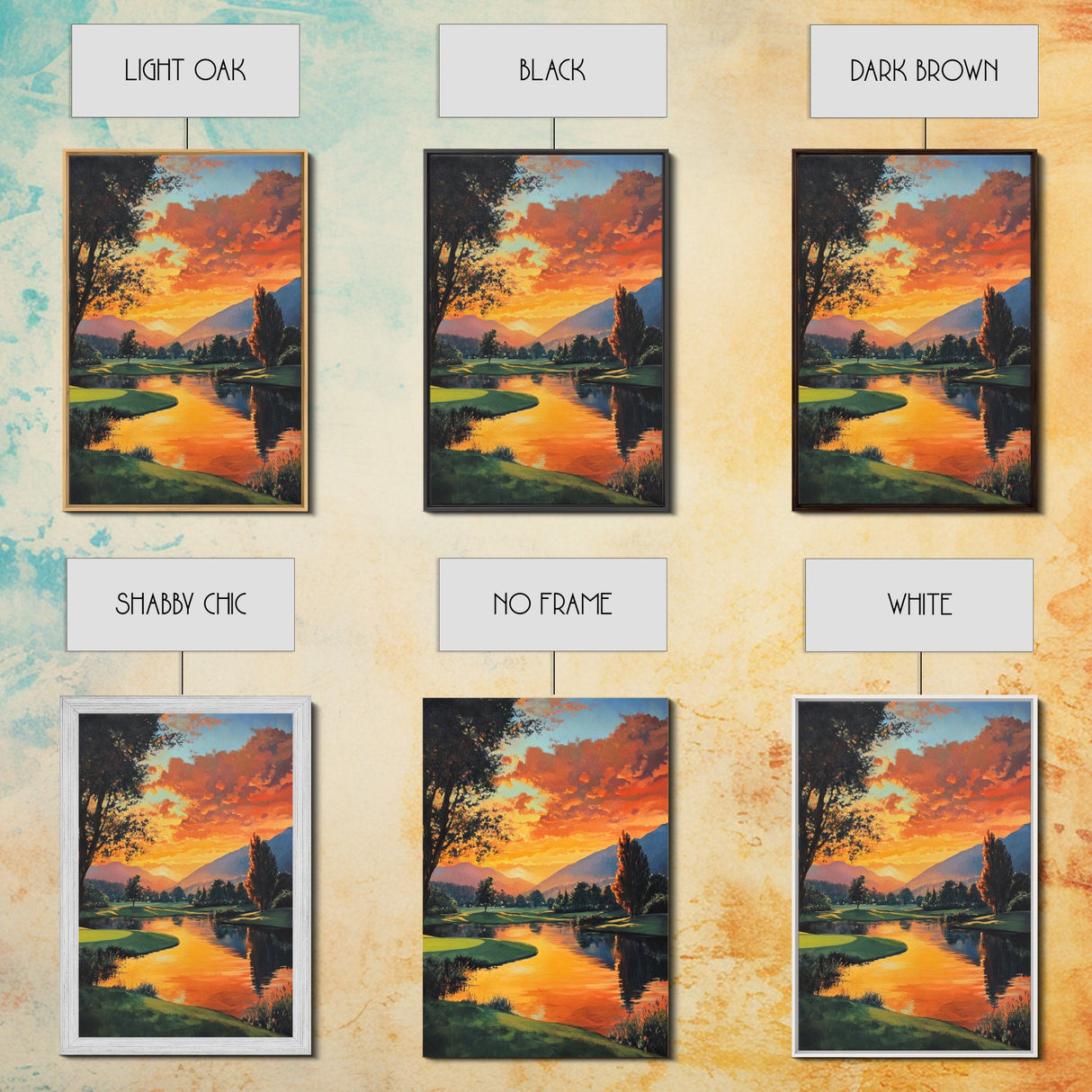 Golden Sunset Golf Framed Canvas Print, Landscape Wall Art, Rustic Horizontal Decor, Living Room Painting, Gift Idea for Him