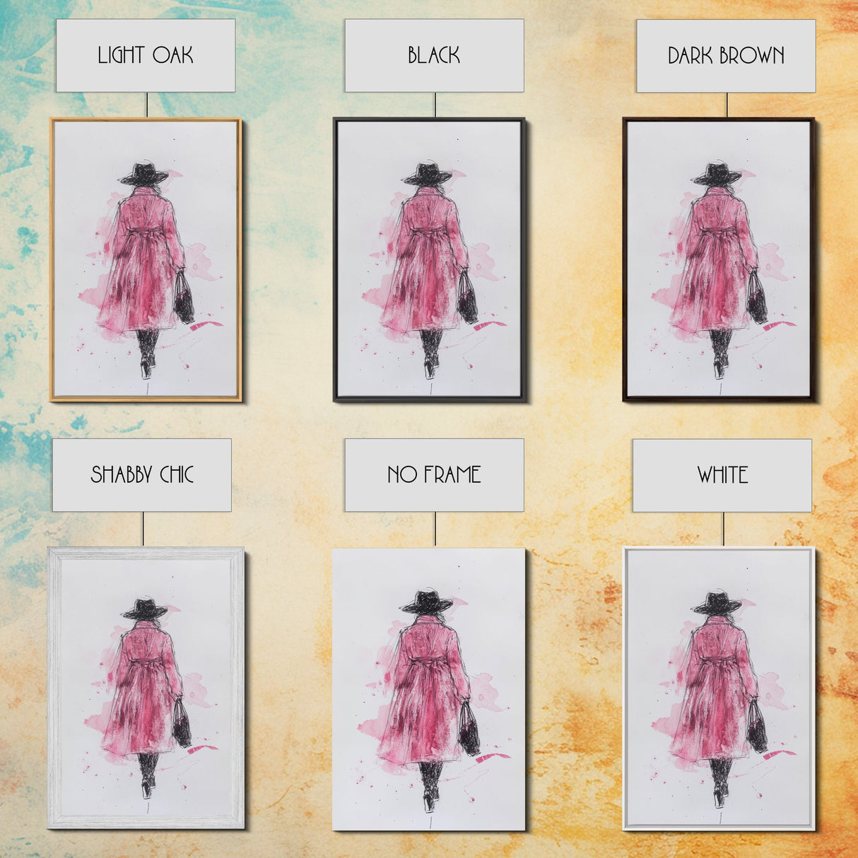 Woman in Coat Framed Canvas Print Light Pink Wall Art Moody Minimalist Fashion Illustration Rustic Aesthetic Unique Gift Idea