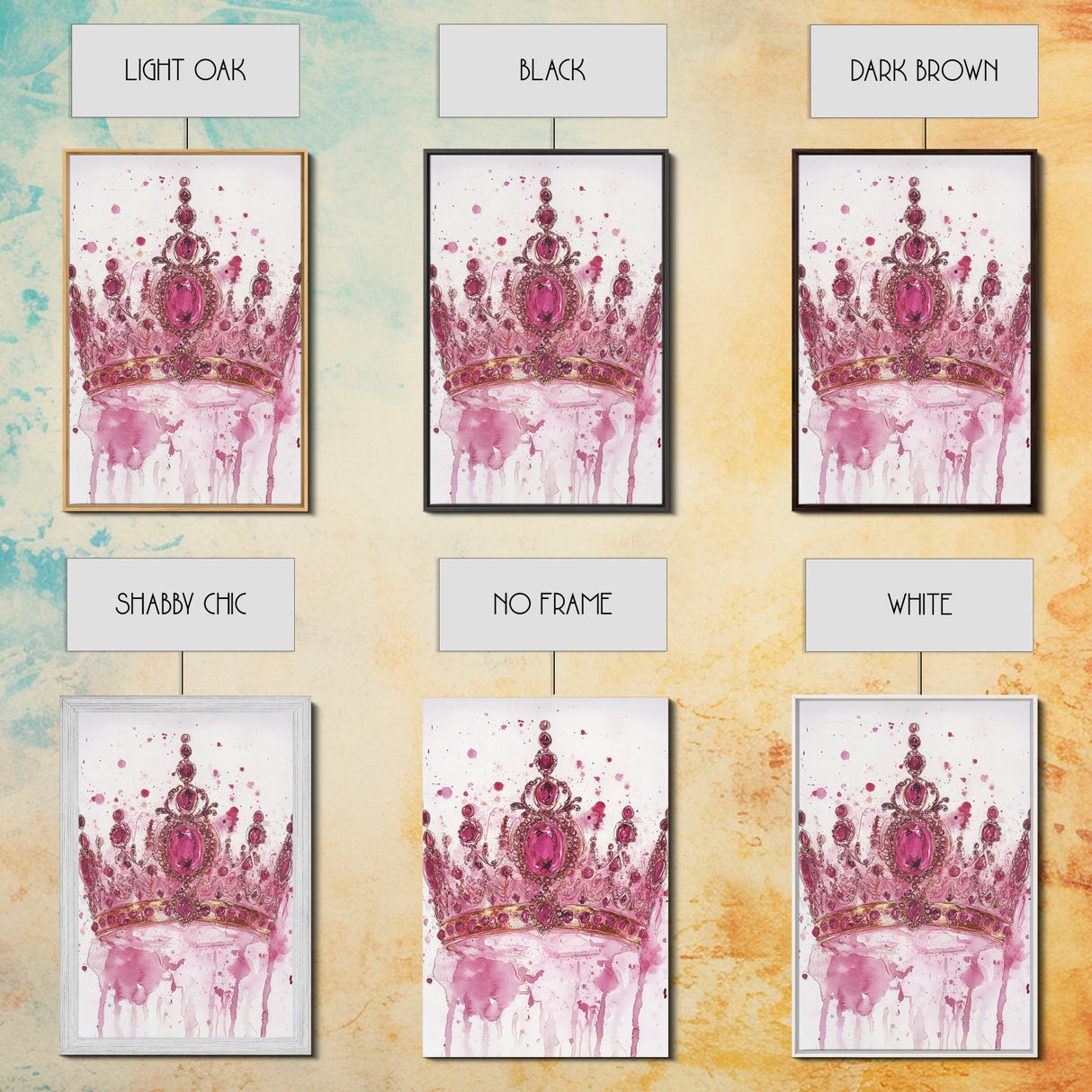 Regal jeweled crown painting featuring framed canvas print, moody art, pink wall art for dorm, unique goddess art print decor