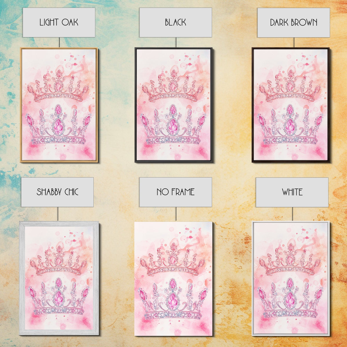 Twin jeweled crown painting featuring framed canvas print, whimsical art, light pink wall art, goddess art print, gift idea decor