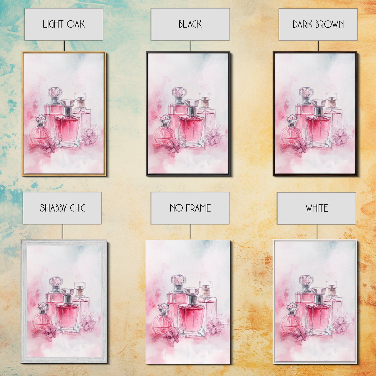 Elegant Pink Perfume Bottles Framed Canvas Print, Feminine Bathroom Art Light Pink Decor, Whimsical Gift Idea for Her Room