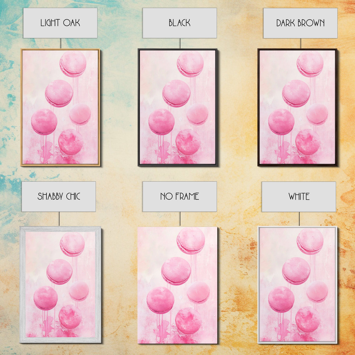 Cute pink macarons whimsical kitchen framed canvas print food review dessert art playful pastel decor cozy gift idea fun wall art