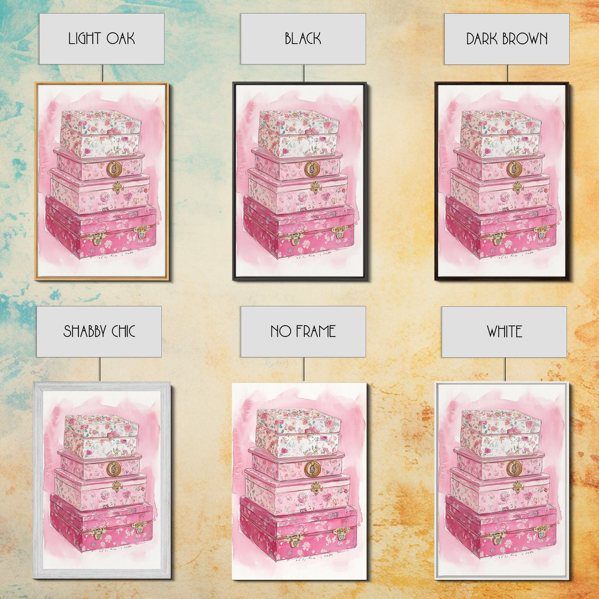 Floral stackable decorative boxes framed canvas print chic boho decor whimsical rustic art idea cozy wall decor charming bedroom addition