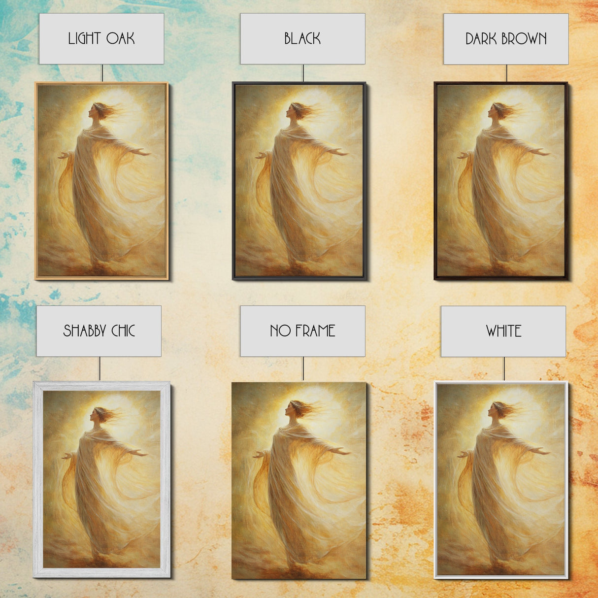 Radiant Golden Goddess Canvas Print, Stunning Angel Art Prints in Moody Style, Perfect Above Bed or as Warm Bedroom Wall Art