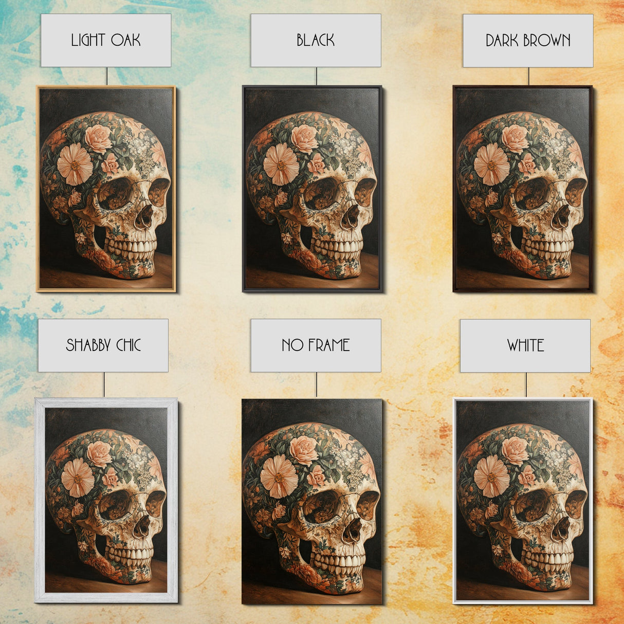 Skull Art Framed Canvas Print Featuring Floral Boho Design in Rustic Chinoiserie Style, Gothic Bedroom Art and Halloween Wall Decor
