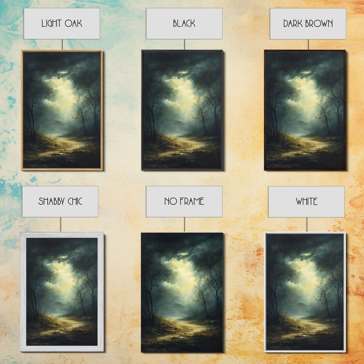 Forest at Dusk Framed Canvas Print with Moody Dark Romance Painting, Fall-Inspired Smoky Mountain Art Perfect Above Bed Wall Decor