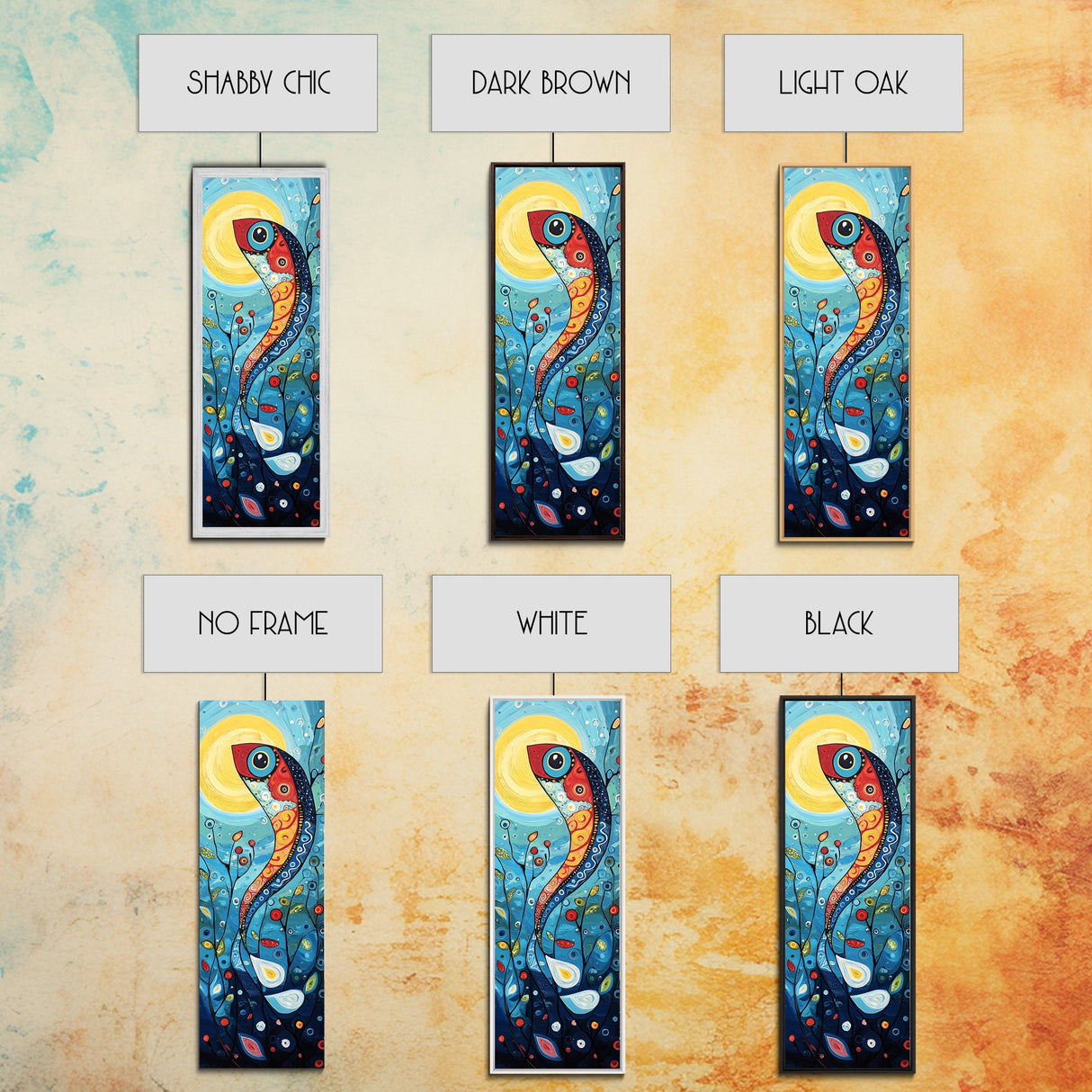 Koi Fish Fantasy, koi fish painting, whimsical art, framed canvas print, vibrant wall art, long narrow wall art, tall skinny art