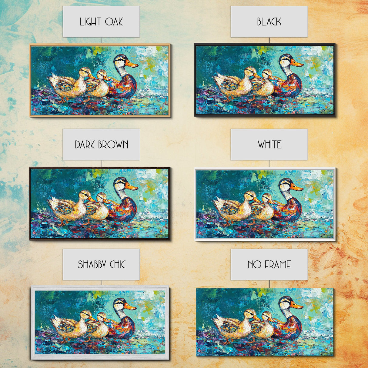 Duck Family, bird art, whimsical art, teal wall art, gift idea for her, landscape painting, extra wide art, Framed Canvas Print