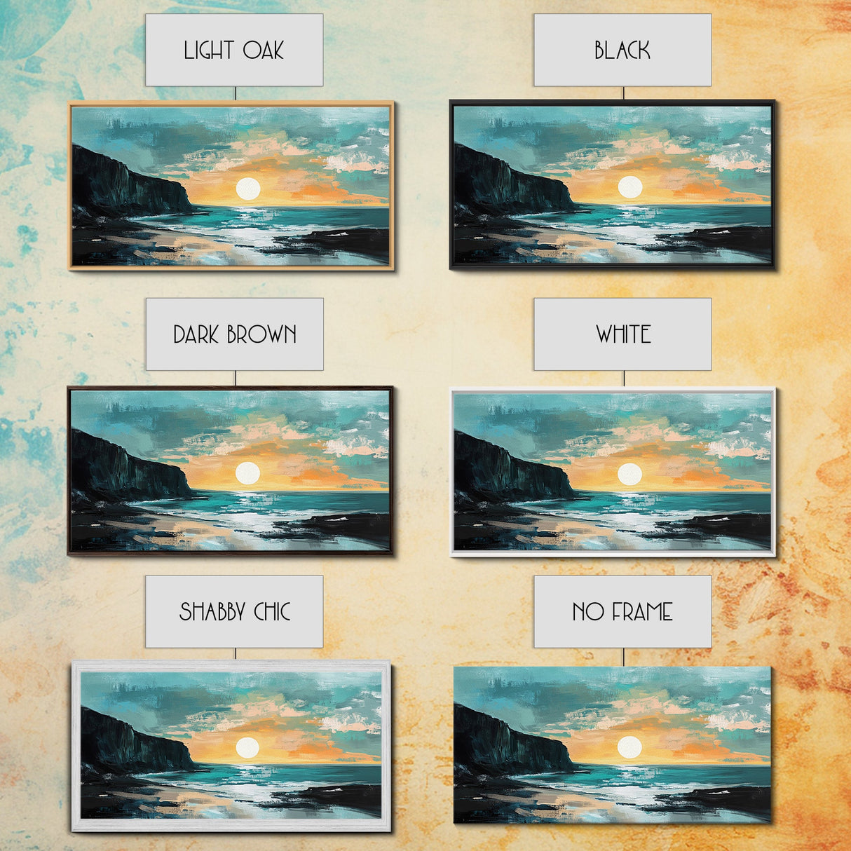 Sunset Cliffs, nautical wall art, coastal painting, surf wall art, panoramic art, above couch art, boho art, Framed Canvas Print