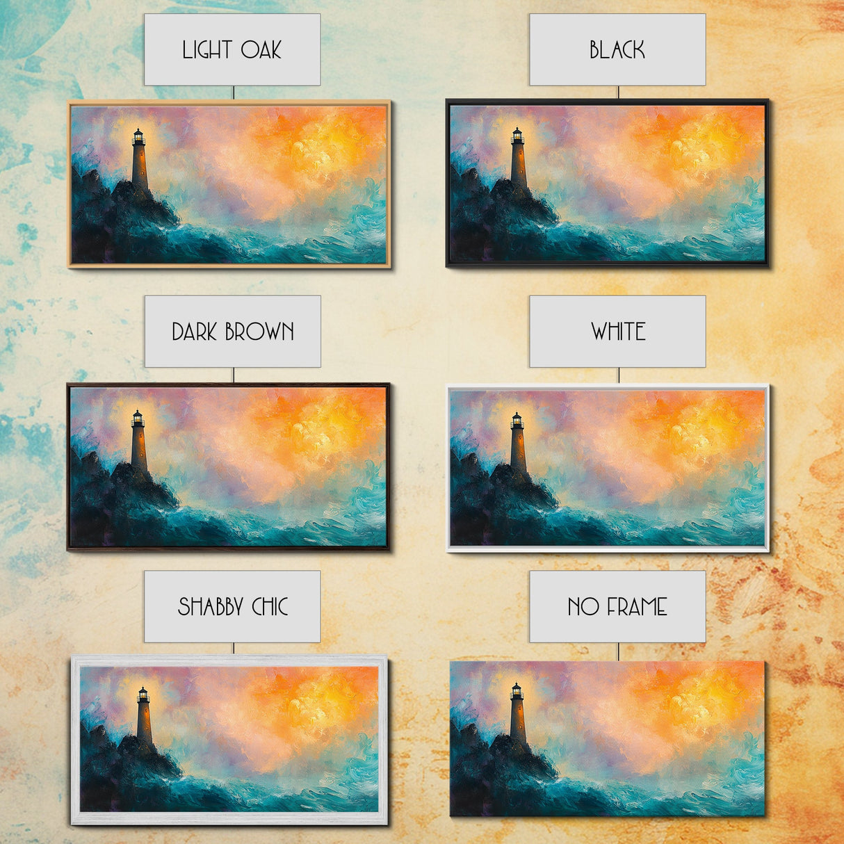 Lighthouse Sunset, coastal painting, nautical wall art, seascape painting, lighthouse art, framed canvas print, panoramic art