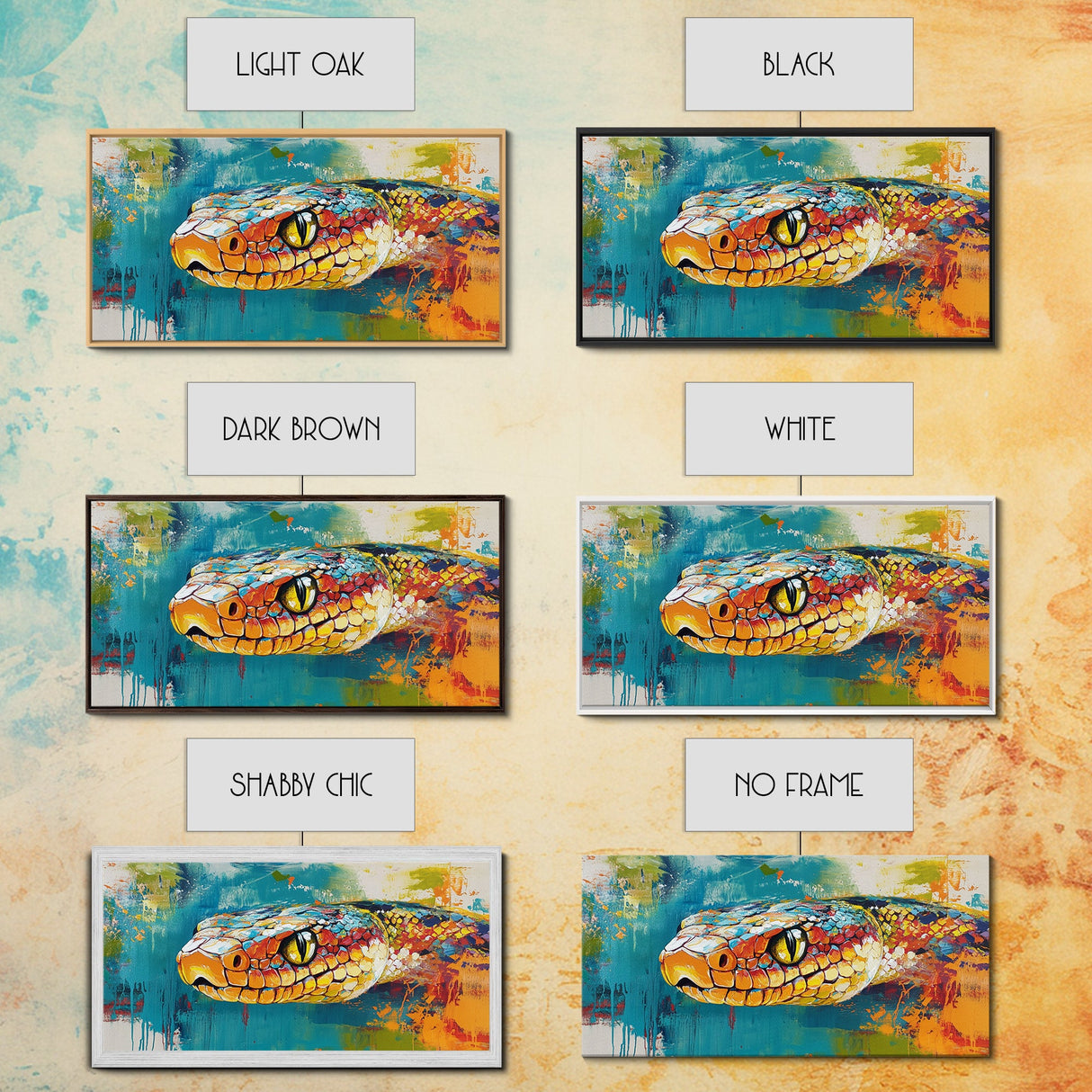 Colorful Snake, wildlife painting, framed canvas print, reptile wall art, bold abstract art, extra wide art, rustic decor