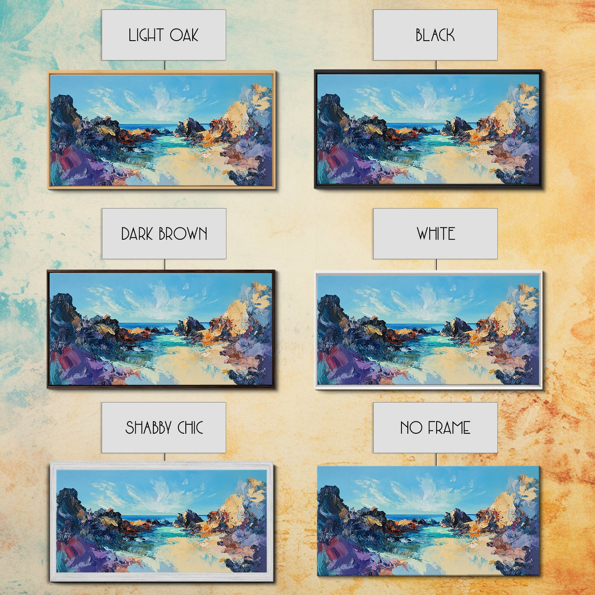 Rocky Seascape Panorama, framed canvas print, extra wide art, seascape painting, above couch art, nautical painting