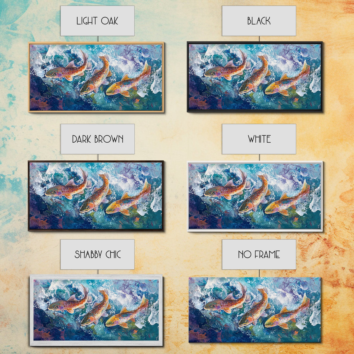 Koi Fish Painting, Framed Canvas Print, fly fishing art, trout art, extra wide painting, colorful fish painting, panoramic art