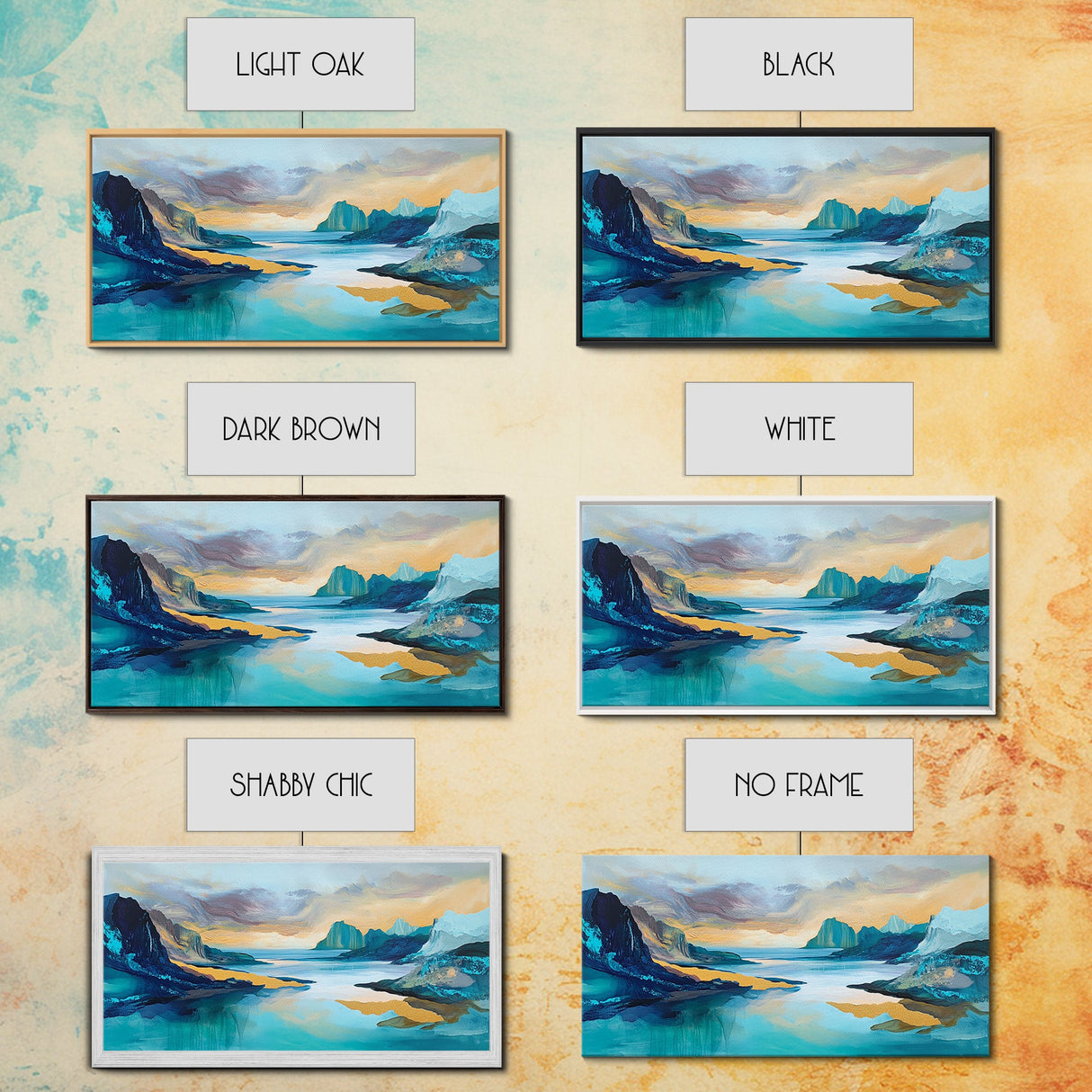 Serene Fjord, mountain painting, lake Tahoe art, blue and green wall art, panoramic painting, extra wide art, Framed Canvas Print, above sofa art