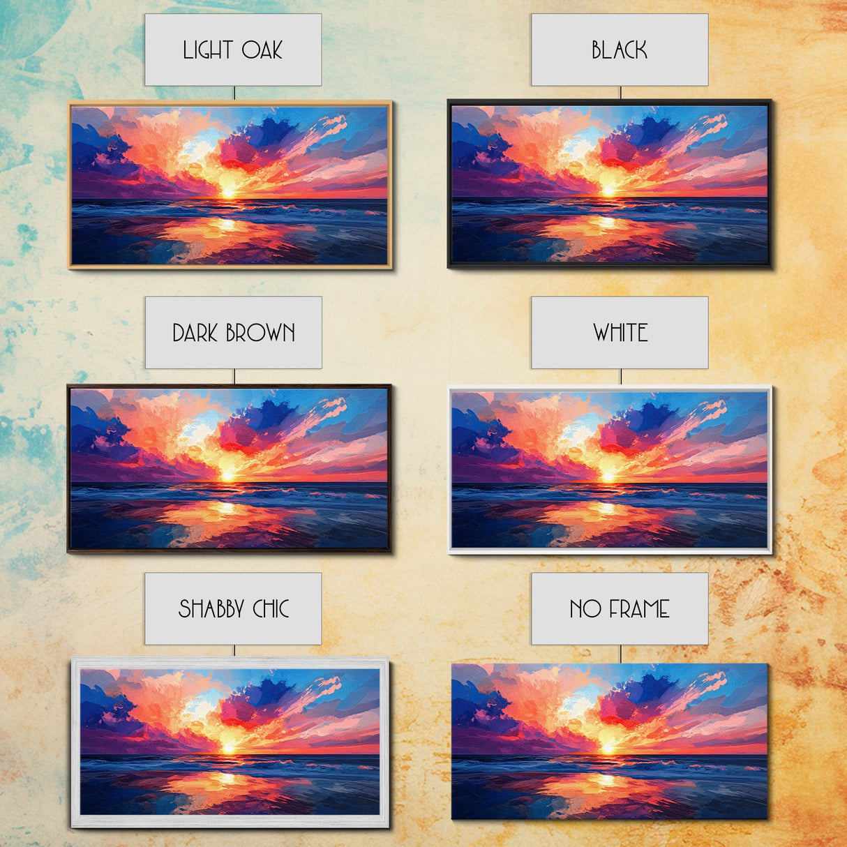 Sunset Beach, pink orange wall art, seascape painting, coastal wall art, panoramic art, ocean waves, extra wide art, Canvas Print