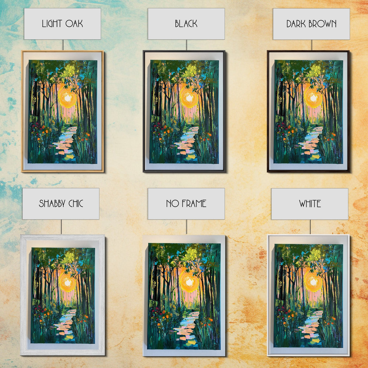 Forest Sunrise Path, wildflower painting, forest at dusk painting, wabi sabi wall art, whimsical art, Canvas Print