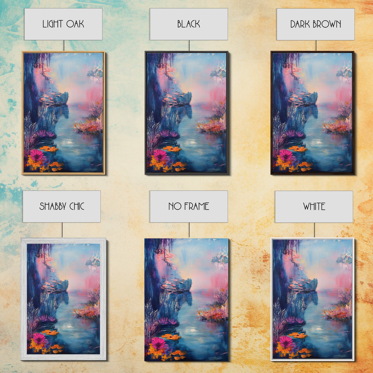 Dreamy Lake Scene, pink abstract art, blue and green wall art, moody art, vertical wall art, framed canvas print, living room art