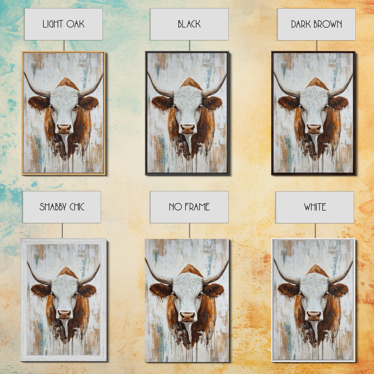 Longhorn, Rustic, Western, Framed Canvas Print, bull and bear art, rustic wall art, farmhouse art, moody art, vintage horse art