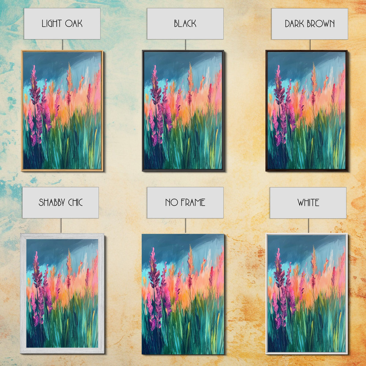 Wildflower Painting, poppy wall art, pink orange wall art, floral landscape, botanical prints, framed canvas print, rustic wall art