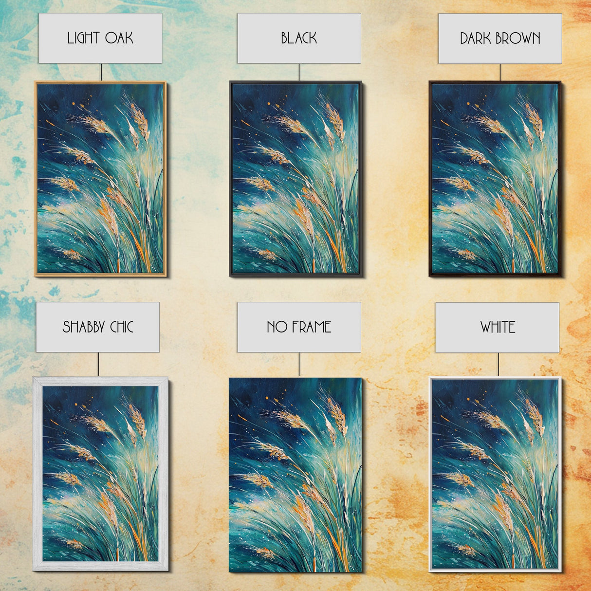 Wheat Fields Framed Canvas Print Rustic Farmhouse Wall Art, Deep Blue Abstract Painting, Autumn Home Decor, Cozy Country Living
