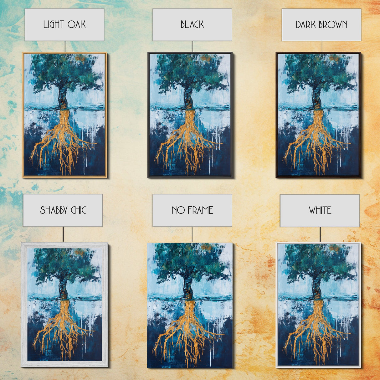 Tree With Golden Roots Canvas Print Surreal Nature Wall Art Abstract Landscape Painting Living Room Decor Earth Tones Artwork