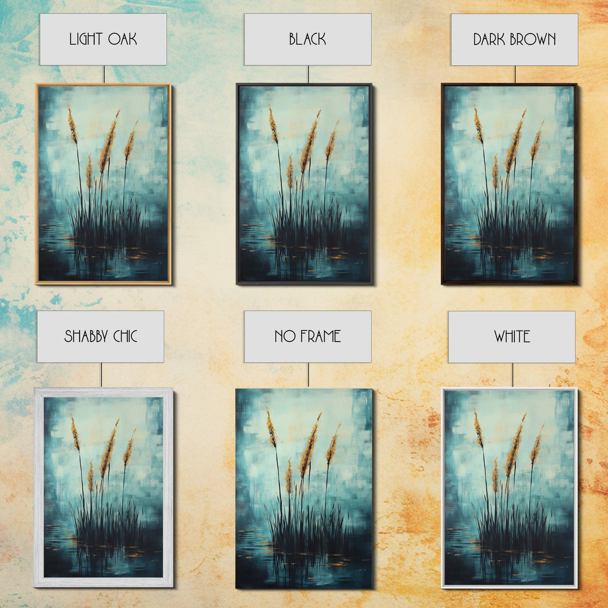 Golden Reeds Framed Canvas Print Minimalist Nature Art Tranquil Landscape Wall Decor Modern Aesthetic Living Room Home Gift