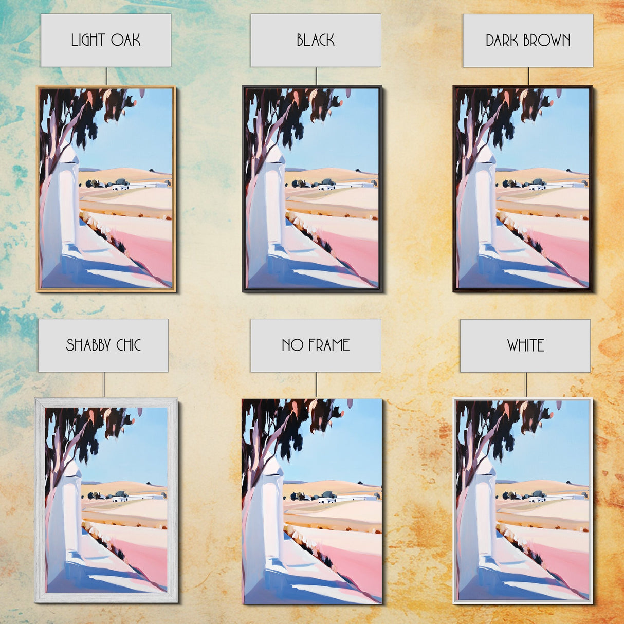 Sunlit Fields, Rural Landscape, Mediterranean Art, Warm Pastel Colors, Farmhouse Aesthetic, Framed Canvas Print, Kitchen Wall Art