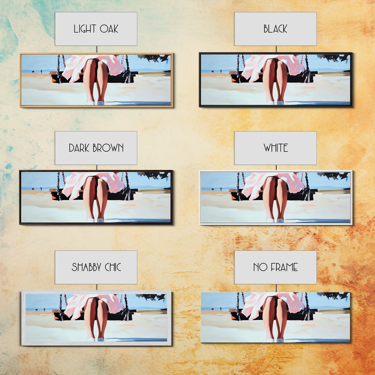 Swing By The Sea, Pastel Sky, Framed Canvas Print, Beach Wall Art, Minimalist Decor, Relaxing Aesthetic, Soft Tones, Coastal Living