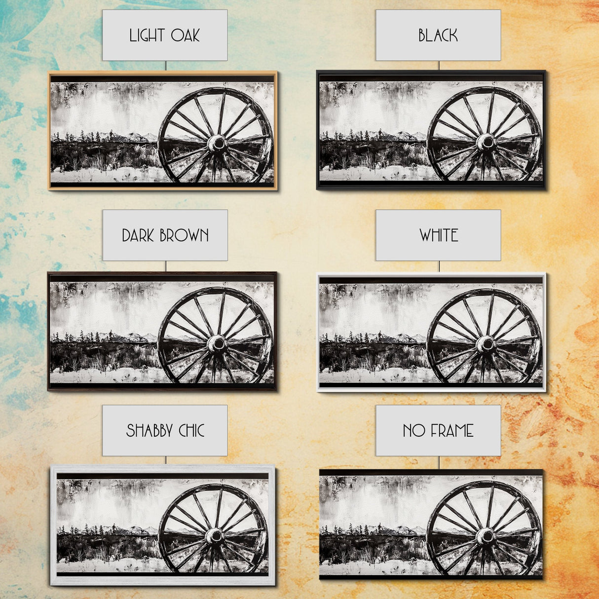 Wagon Wheel, Mountain Landscape, Black and White Western Art, Rustic Home Decor, Framed Canvas Print, Farmhouse Living Room Art