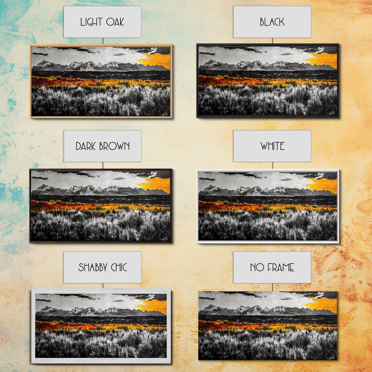 Mountain Range, Autumn Colors, Rustic Landscape, Moody Sky, Warm Tones, Framed Canvas Print, Cabin Wall Decor, Living Room Art