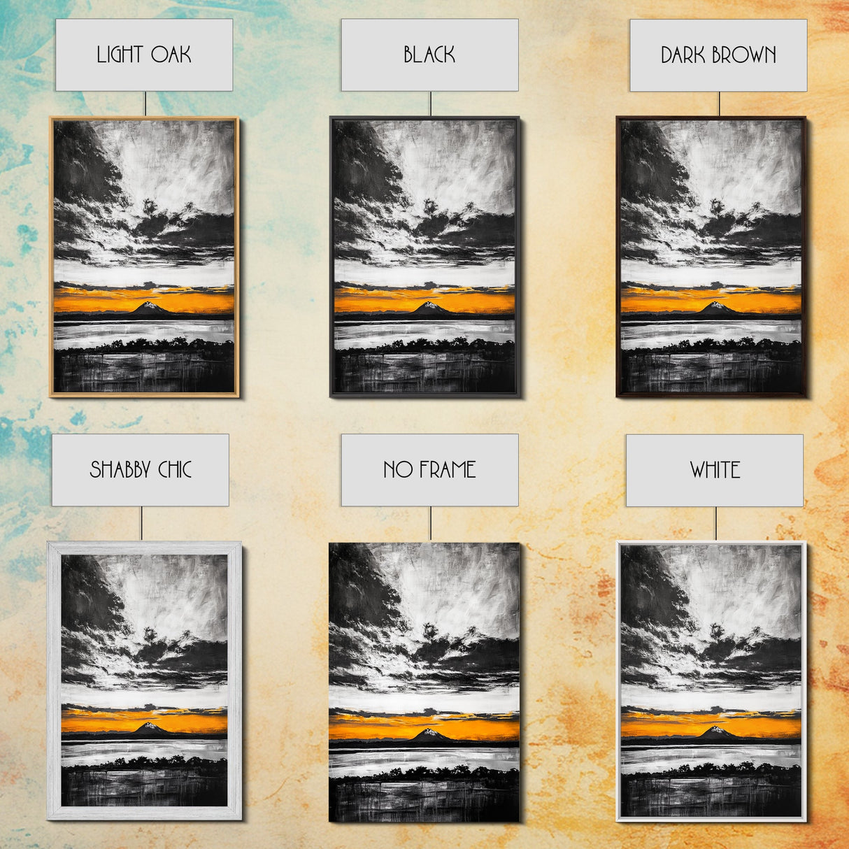 Volcanic Sunset, Black and White, Dramatic Sky, Framed Canvas Print, Moody Wall Art, Modern Landscape, Office Decor, Nature Aesthetic