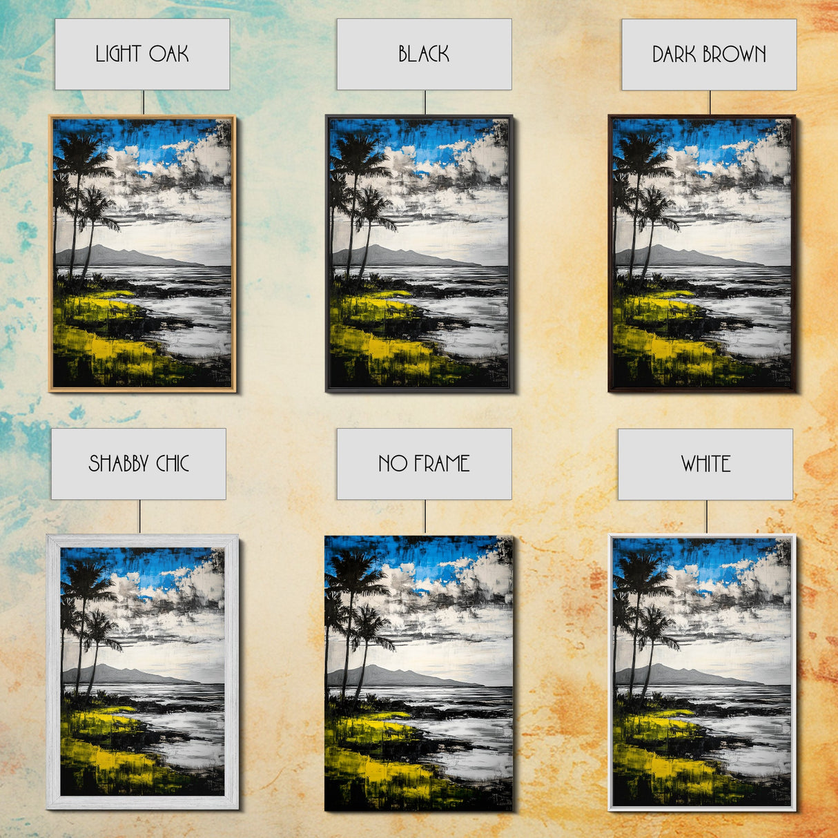 Tropical Beach Scene, Coastal Landscape Art, Black White Blue Yellow, Palm Tree Ocean Decor, Relaxing Home Gift, Framed Canvas Print