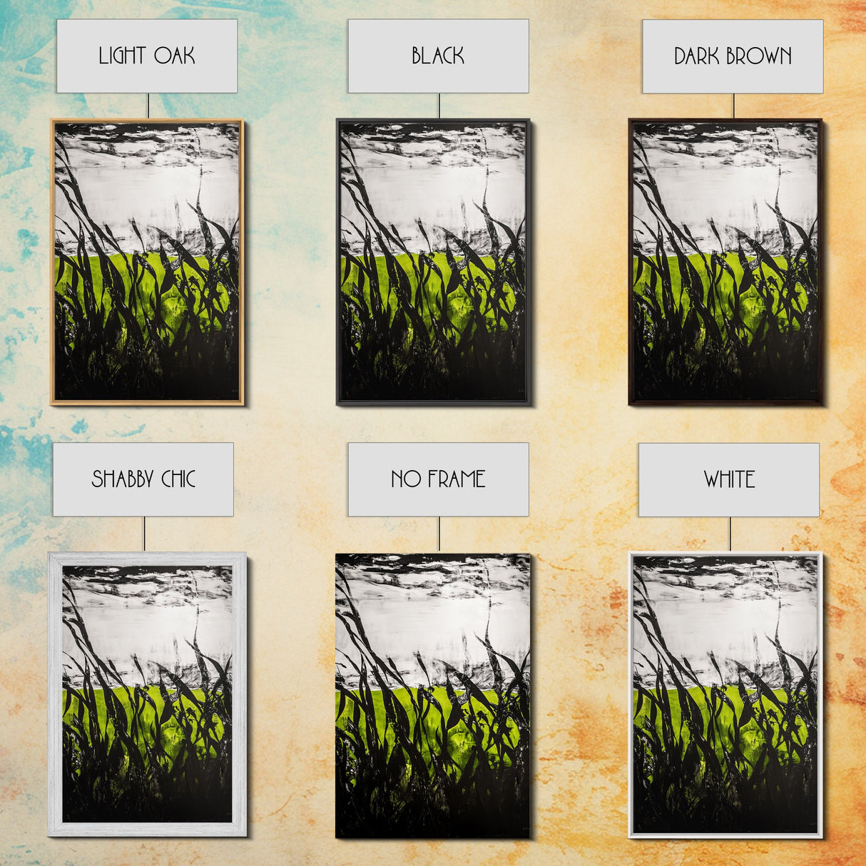 Minimalist Grass Field, Black White Green Nature Art, Abstract Farmhouse Wall Decor, Modern Simple Landscape, Framed Canvas Print