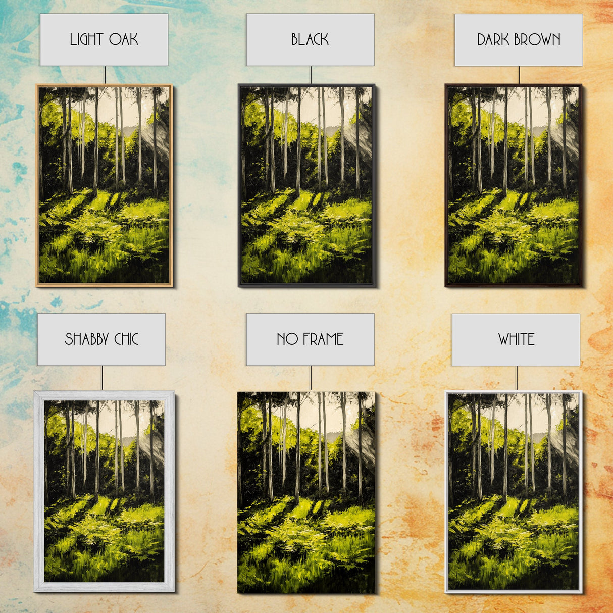 Forest Scene, Green Woodland Art, Sunlit Trees Print, Serene Nature Wall Decor, Cozy Cabin Art, Framed Canvas Print, Rustic Home Decor