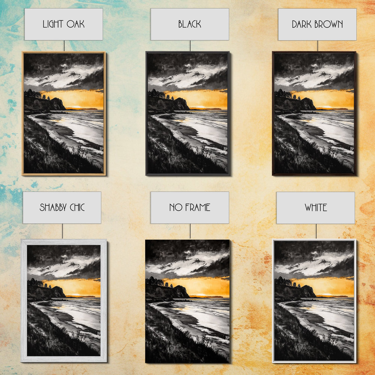 Cliffside Sunset, Golden Sky, Coastal View, Seascape, Framed Canvas Print, Modern Wall Art, Office Decor, Dramatic Landscape