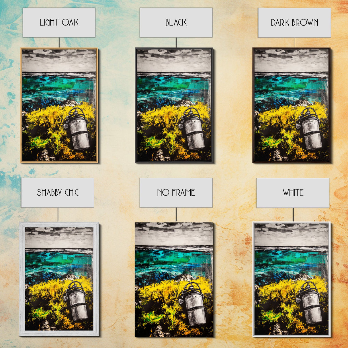 Coastal Lantern, Ocean Shore, Yellow Blue Art, Framed Canvas Print, Nautical Wall Art, Beach House Decor, Rustic Modern Art