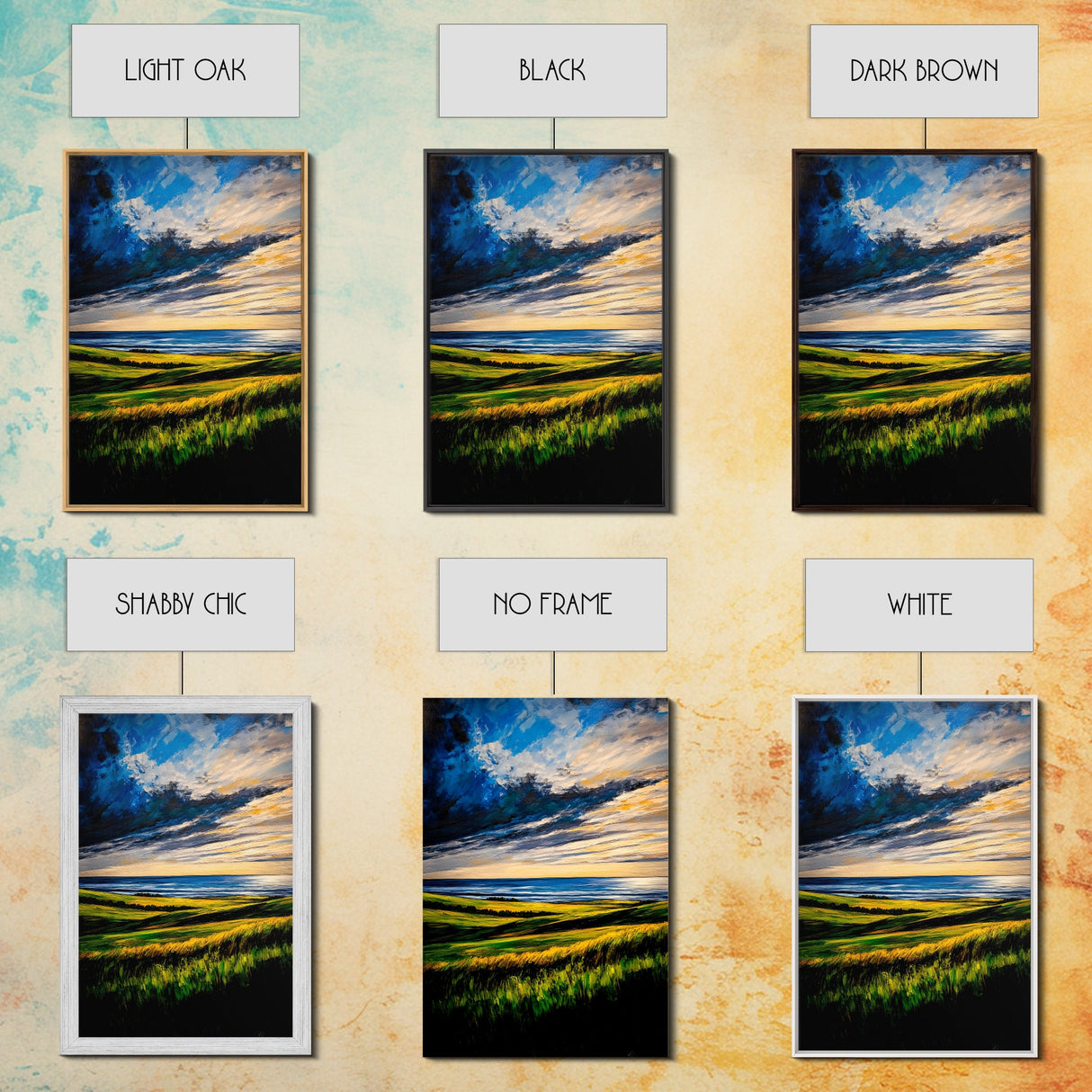 Sunset Over Hills, Coastal Fields, Dramatic Sky, Nature Wall Art, Framed Canvas Print, Vibrant Home Decor, Rolling Landscape, Ocean View