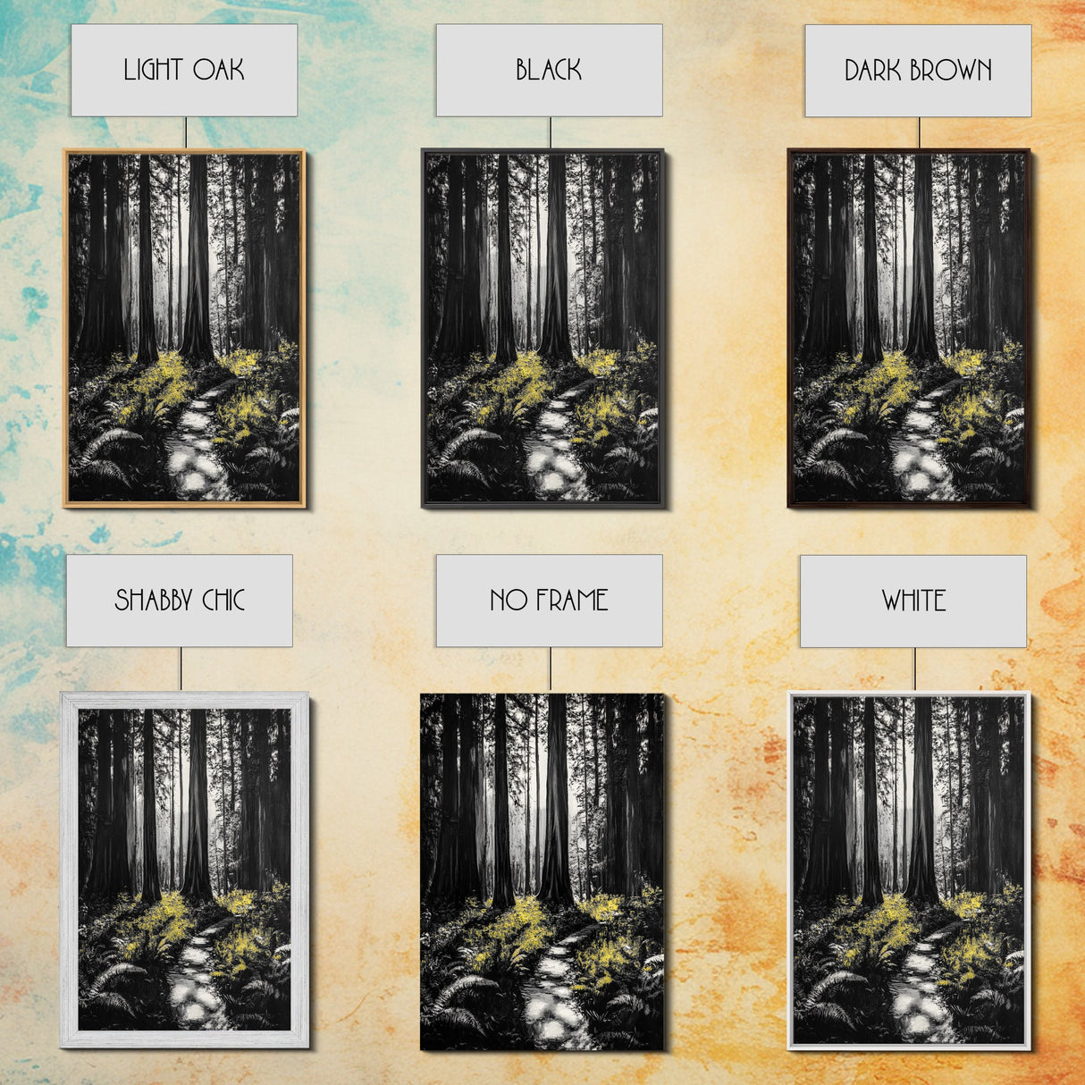 Redwood Forest, Tall Trees, Nature Path, Canvas Print, Moody Wall Art, Black and White Painting, Rustic Home Decor, Cabin Artwork