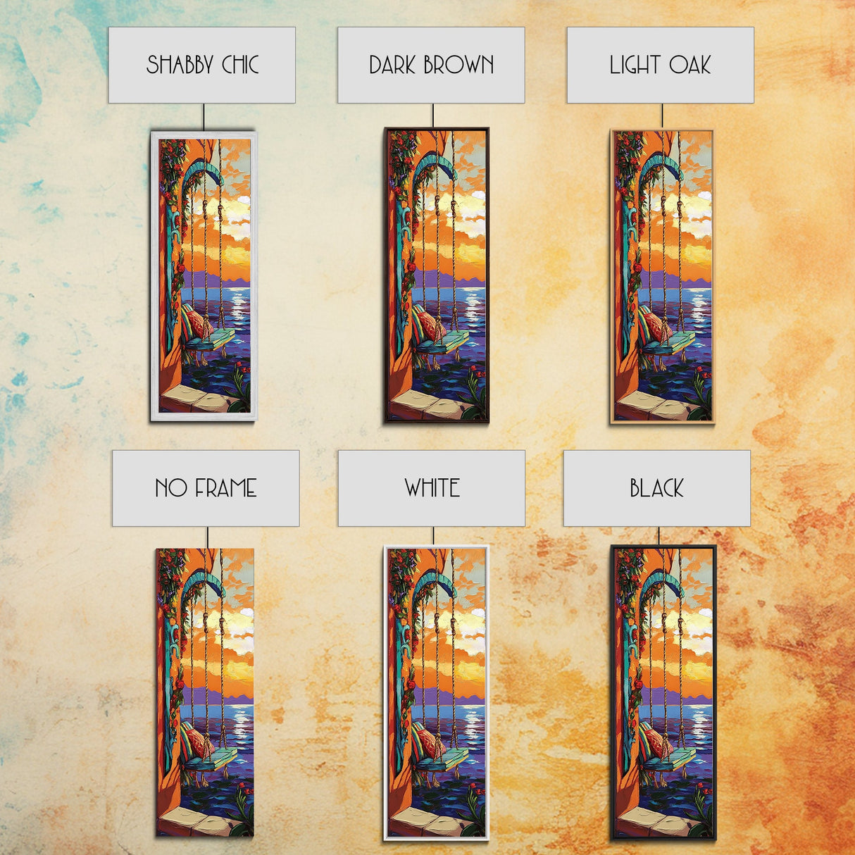 Swing Balcony, Sunset Painting, Framed Canvas Print, cozy seaside, balcony swing view, dreamy boho home decor, tropical romantic sunset wall art